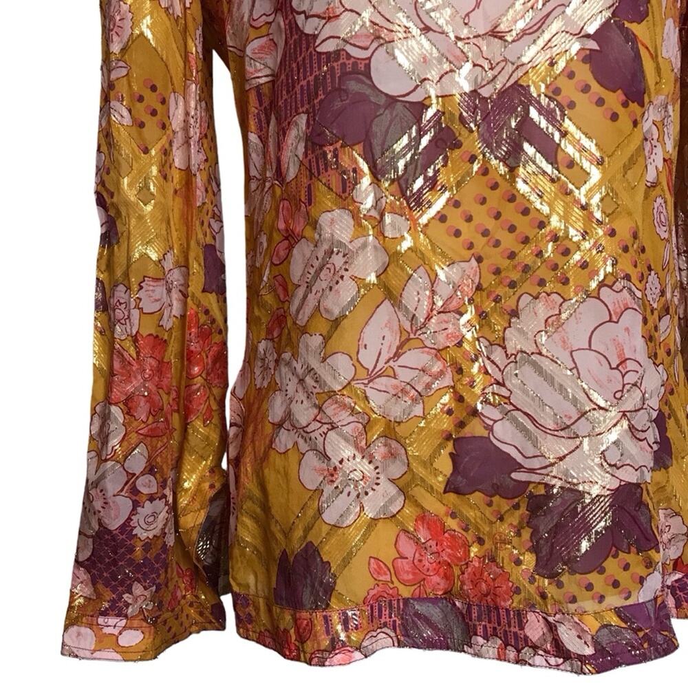 Tory Burch Metallic Silk Gold Orange Yellow Long Flutter Sleeve Tunic Blouse 6 - Picture 6 of 13